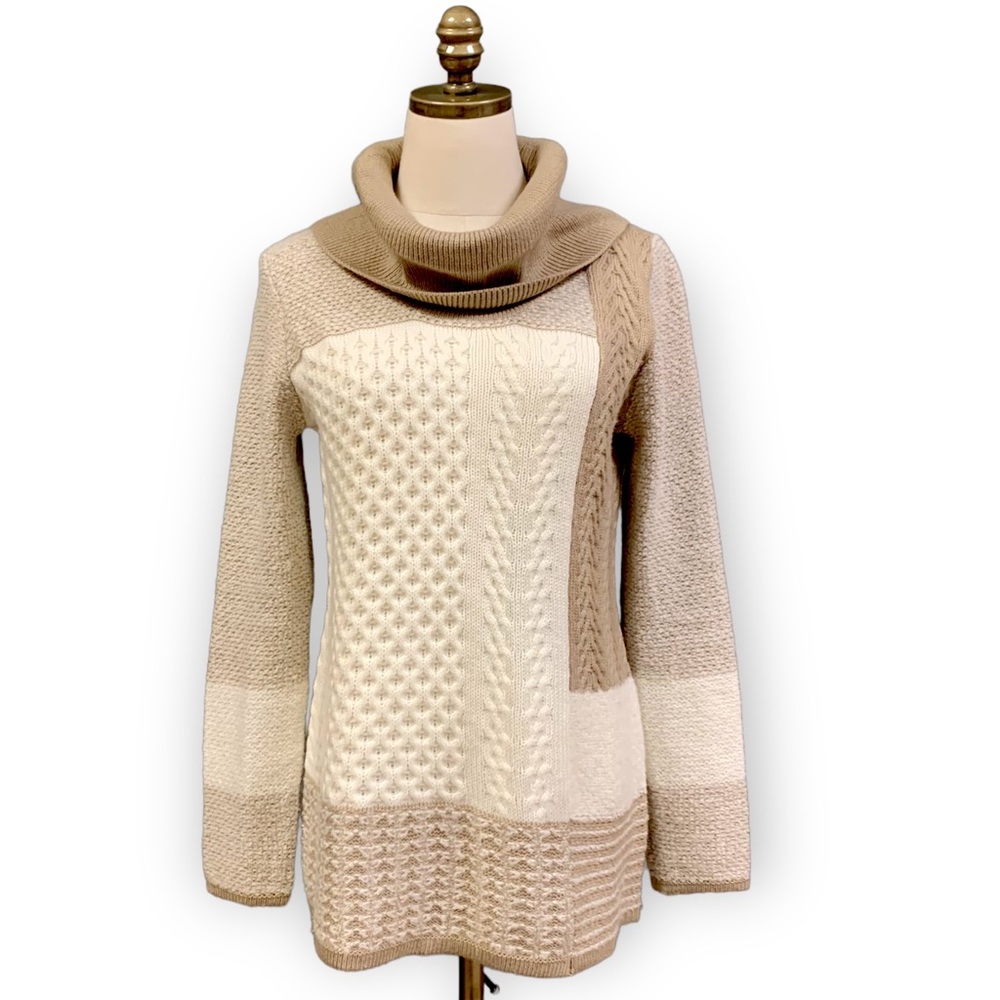 New Calvin Klein Mixed Media Knit Brown Tan Cream Cowl Neck Long Sleeve Sweater